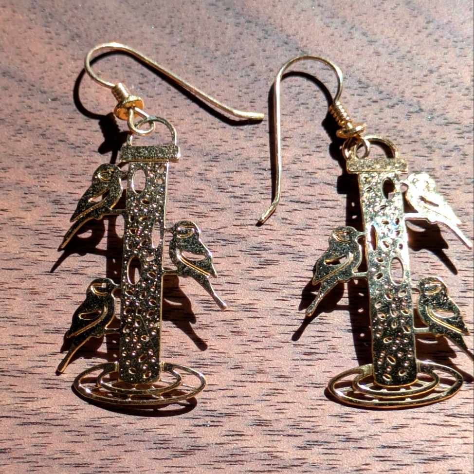 Gold Filled Hummingbirds On Feedee Earrings. Wild Bryde Birds Co.